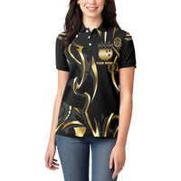 Personalized Golden Tribal Bowling Ball Emblem Women Polo Shirt with Black Abstract Metallic Pattern - Wonder Print Shop