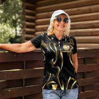 Personalized Golden Tribal Bowling Ball Emblem Women Polo Shirt with Black Abstract Metallic Pattern - Wonder Print Shop