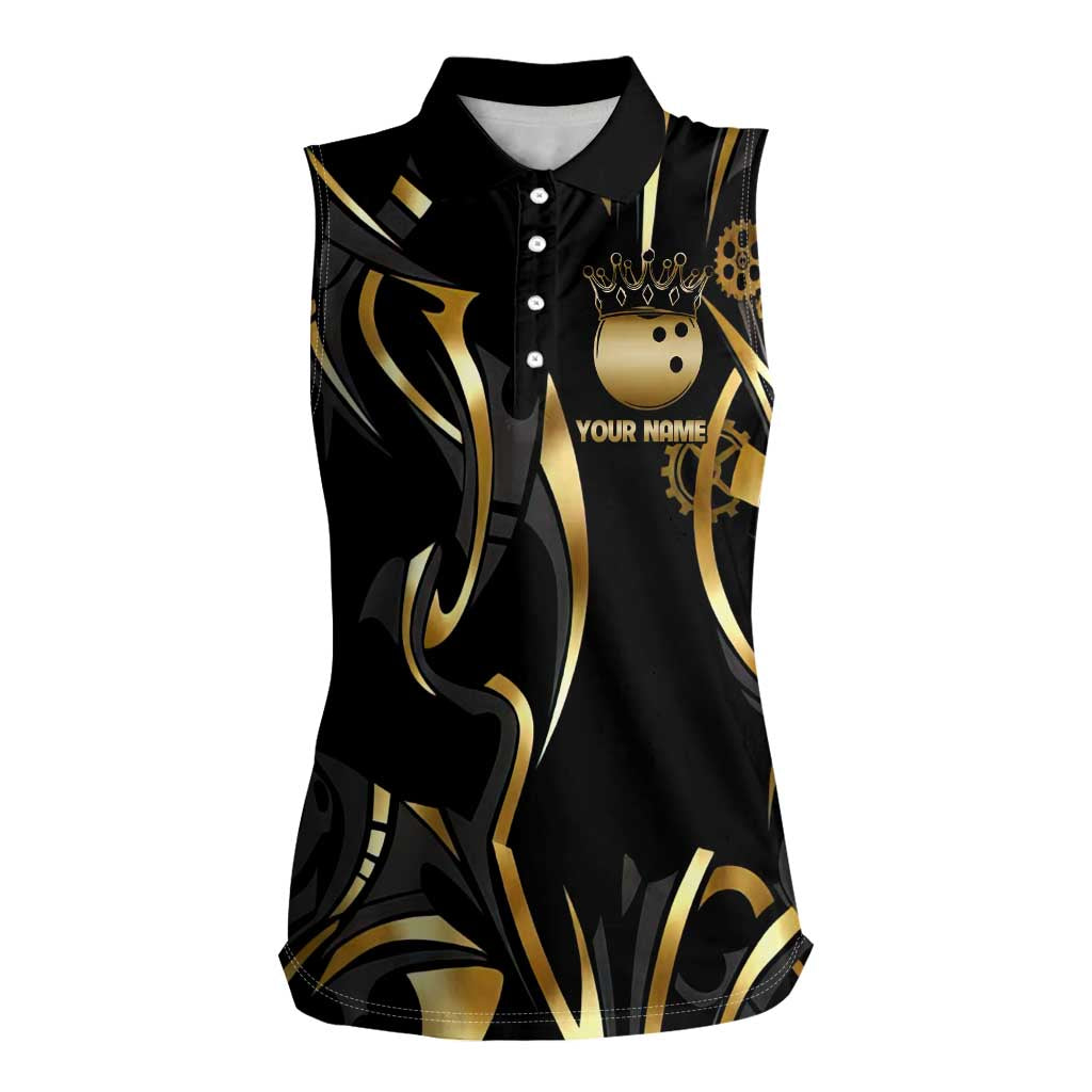 Personalized Golden Tribal Bowling Ball Emblem Women Sleeveless Polo Shirt with Black Abstract Metallic Pattern - Wonder Print Shop