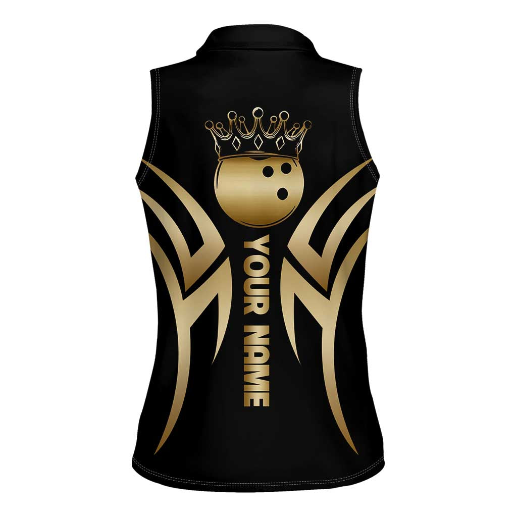 Personalized Golden Tribal Bowling Ball Emblem Women Sleeveless Polo Shirt with Black Abstract Metallic Pattern - Wonder Print Shop