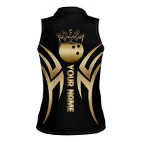Personalized Golden Tribal Bowling Ball Emblem Women Sleeveless Polo Shirt with Black Abstract Metallic Pattern - Wonder Print Shop