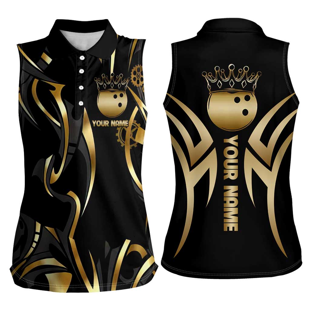 Personalized Golden Tribal Bowling Ball Emblem Women Sleeveless Polo Shirt with Black Abstract Metallic Pattern - Wonder Print Shop