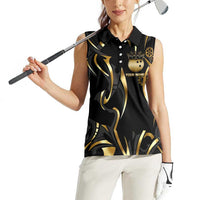 Personalized Golden Tribal Bowling Ball Emblem Women Sleeveless Polo Shirt with Black Abstract Metallic Pattern - Wonder Print Shop