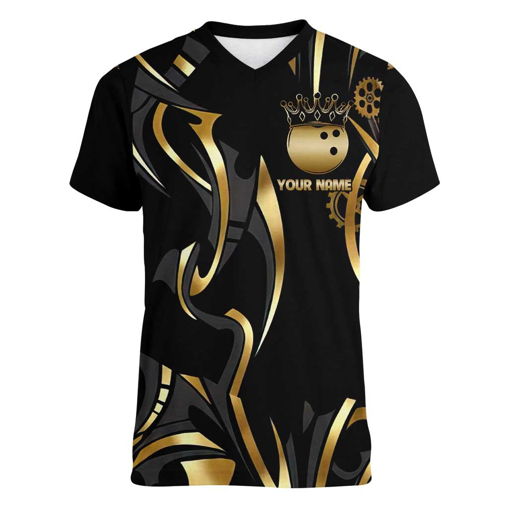 Personalized Golden Tribal Bowling Ball Emblem Women V-Neck T-Shirt with Black Abstract Metallic Pattern - Wonder Print Shop