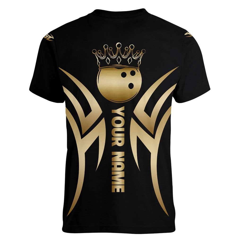 Personalized Golden Tribal Bowling Ball Emblem Women V-Neck T-Shirt with Black Abstract Metallic Pattern - Wonder Print Shop