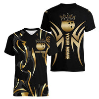 Personalized Golden Tribal Bowling Ball Emblem Women V-Neck T-Shirt with Black Abstract Metallic Pattern - Wonder Print Shop