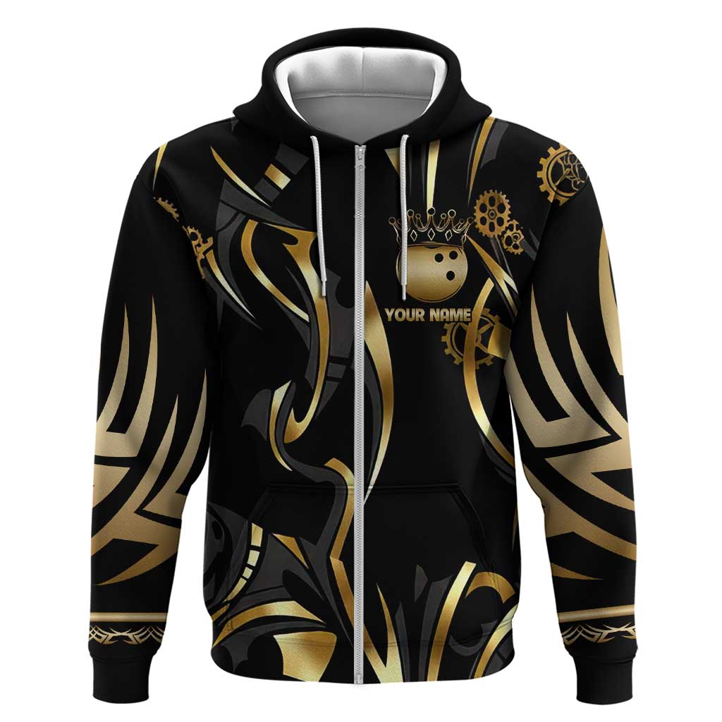 Personalized Golden Tribal Bowling Ball Emblem Zip Hoodie with Black Abstract Metallic Pattern - Wonder Print Shop