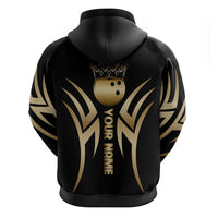 Personalized Golden Tribal Bowling Ball Emblem Zip Hoodie with Black Abstract Metallic Pattern - Wonder Print Shop