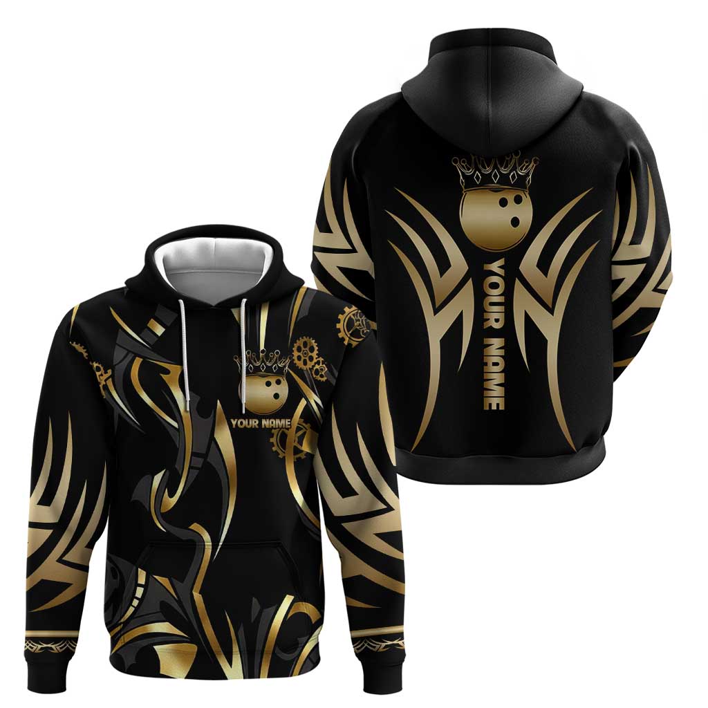 Personalized Golden Tribal Bowling Ball Emblem Zip Hoodie with Black Abstract Metallic Pattern - Wonder Print Shop
