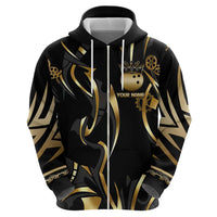 Personalized Golden Tribal Bowling Ball Emblem Zip Hoodie with Black Abstract Metallic Pattern - Wonder Print Shop