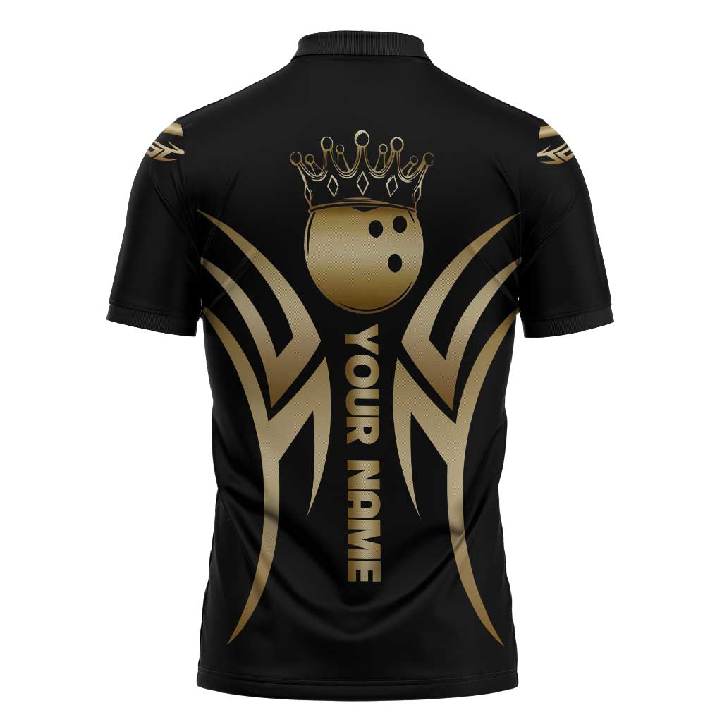 Personalized Golden Tribal Bowling Ball Emblem Zipper Polo Shirt with Black Abstract Metallic Pattern - Wonder Print Shop