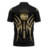 Personalized Golden Tribal Bowling Ball Emblem Zipper Polo Shirt with Black Abstract Metallic Pattern - Wonder Print Shop