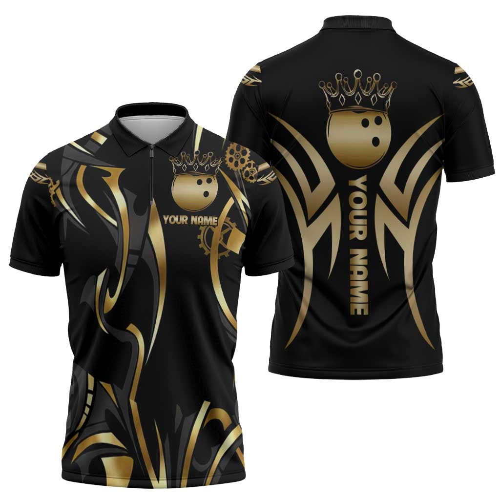 Personalized Golden Tribal Bowling Ball Emblem Zipper Polo Shirt with Black Abstract Metallic Pattern - Wonder Print Shop