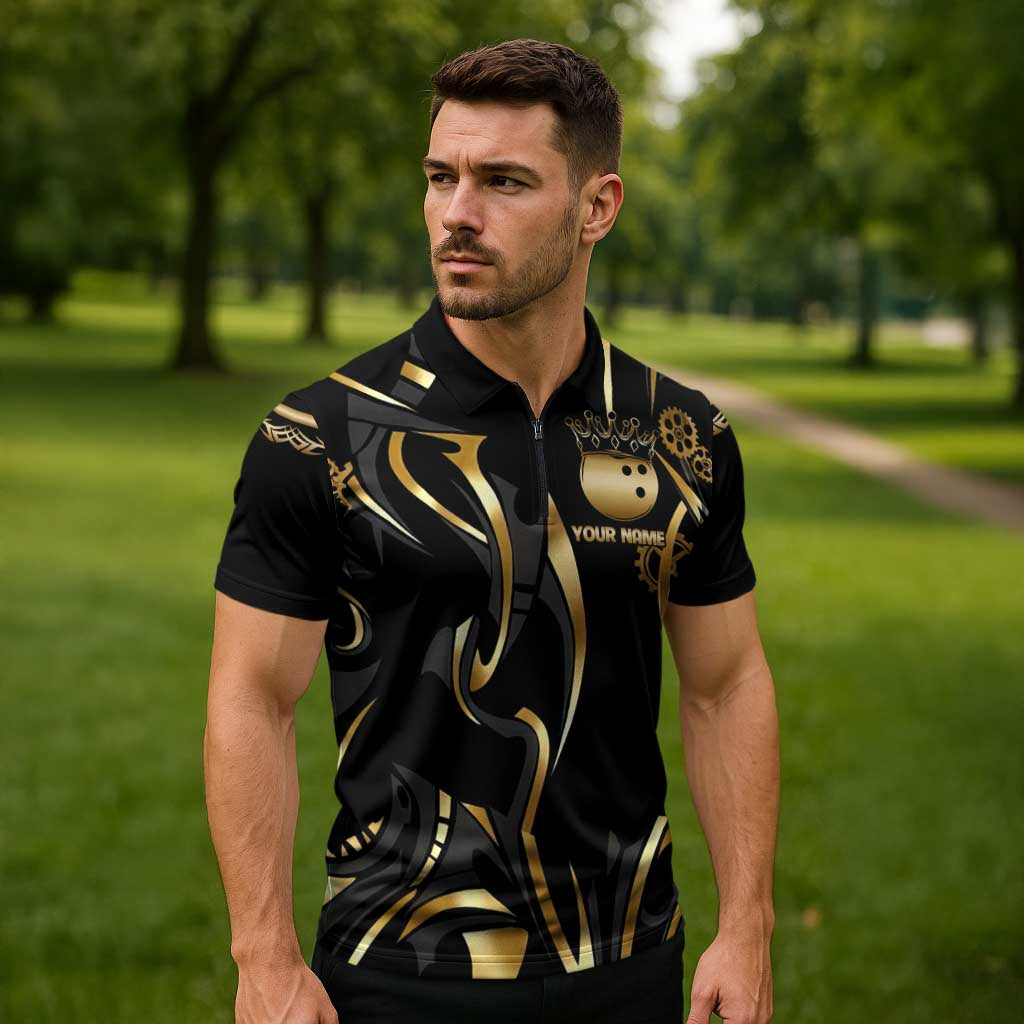 Personalized Golden Tribal Bowling Ball Emblem Zipper Polo Shirt with Black Abstract Metallic Pattern - Wonder Print Shop
