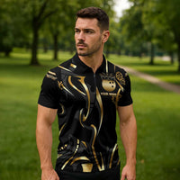 Personalized Golden Tribal Bowling Ball Emblem Zipper Polo Shirt with Black Abstract Metallic Pattern - Wonder Print Shop
