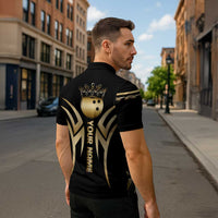 Personalized Golden Tribal Bowling Ball Emblem Zipper Polo Shirt with Black Abstract Metallic Pattern - Wonder Print Shop