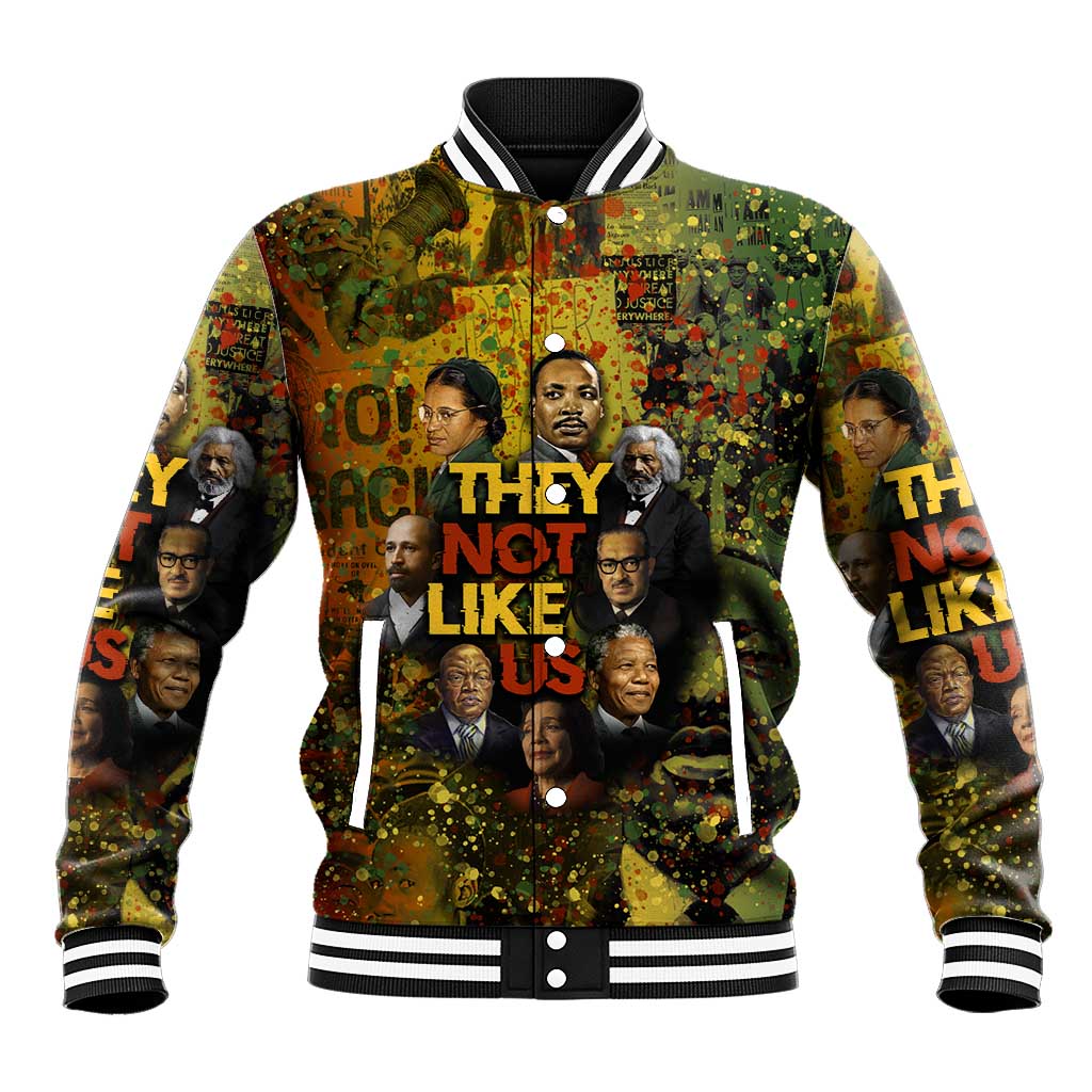Black History Portrait Collage Baseball Jacket Africa Empowering They Not Like Us Quote in Grunge Paint - Wonder Print Shop