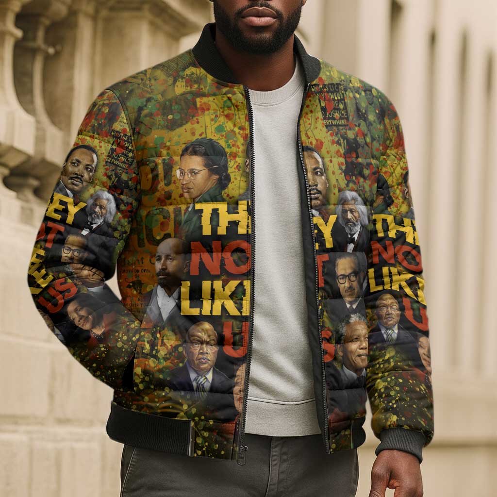 Black History Portrait Collage Bomber Puffer Jacket Africa Empowering They Not Like Us Quote in Grunge Paint - Wonder Print Shop