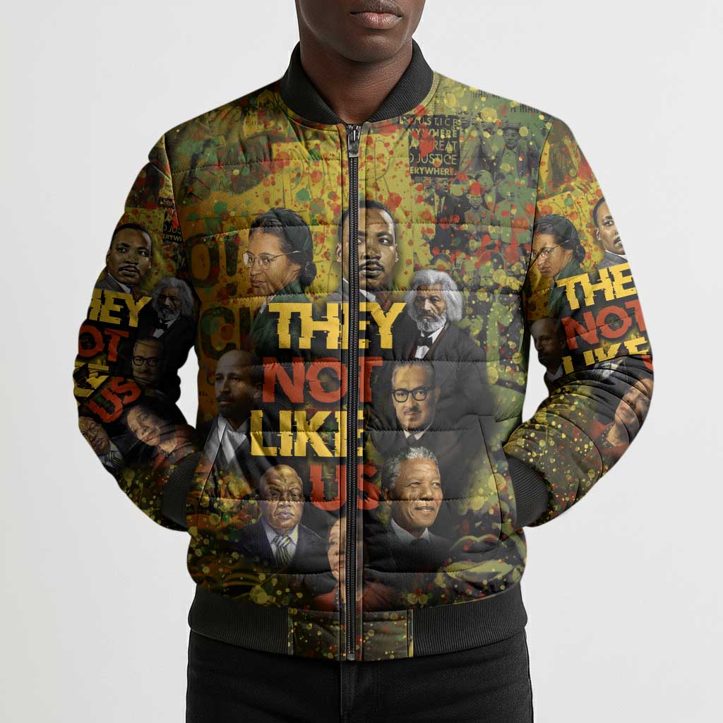Black History Portrait Collage Bomber Puffer Jacket Africa Empowering They Not Like Us Quote in Grunge Paint - Wonder Print Shop