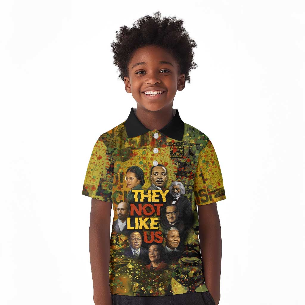 Black History Portrait Collage Kid Polo Shirt Africa Empowering They Not Like Us Quote in Grunge Paint - Wonder Print Shop