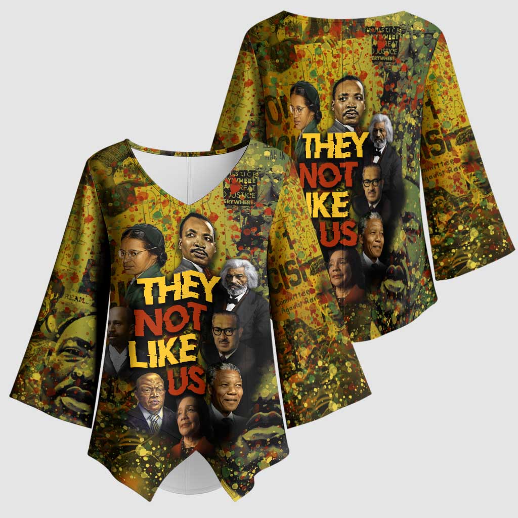 Black History Portrait Collage Kimono Sleeve Blouse Africa Empowering They Not Like Us Quote in Grunge Paint - Wonder Print Shop