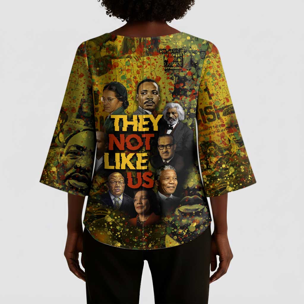 Black History Portrait Collage Kimono Sleeve Blouse Africa Empowering They Not Like Us Quote in Grunge Paint - Wonder Print Shop