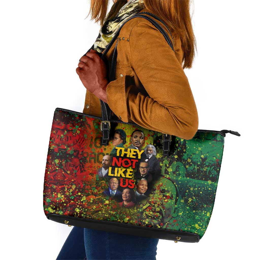 Black History Portrait Collage Leather Tote Bag Africa Empowering They Not Like Us Quote in Grunge Paint - Wonder Print Shop