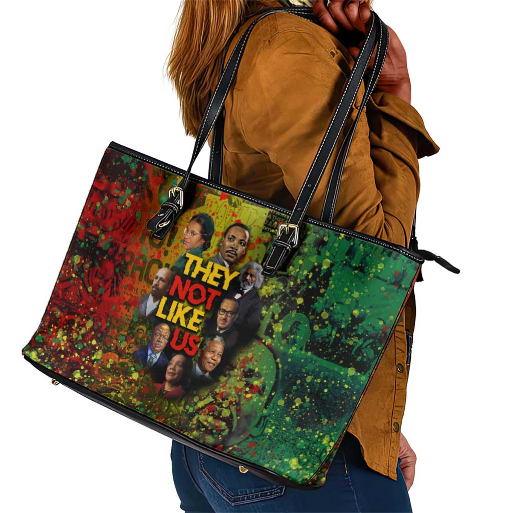 Black History Portrait Collage Leather Tote Bag Africa Empowering They Not Like Us Quote in Grunge Paint - Wonder Print Shop
