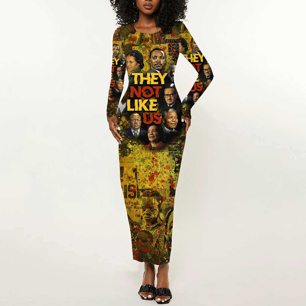 Black History Portrait Collage Long Sleeve Bodycon Dress Africa Empowering They Not Like Us Quote in Grunge Paint - Wonder Print Shop