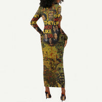 Black History Portrait Collage Long Sleeve Bodycon Dress Africa Empowering They Not Like Us Quote in Grunge Paint - Wonder Print Shop