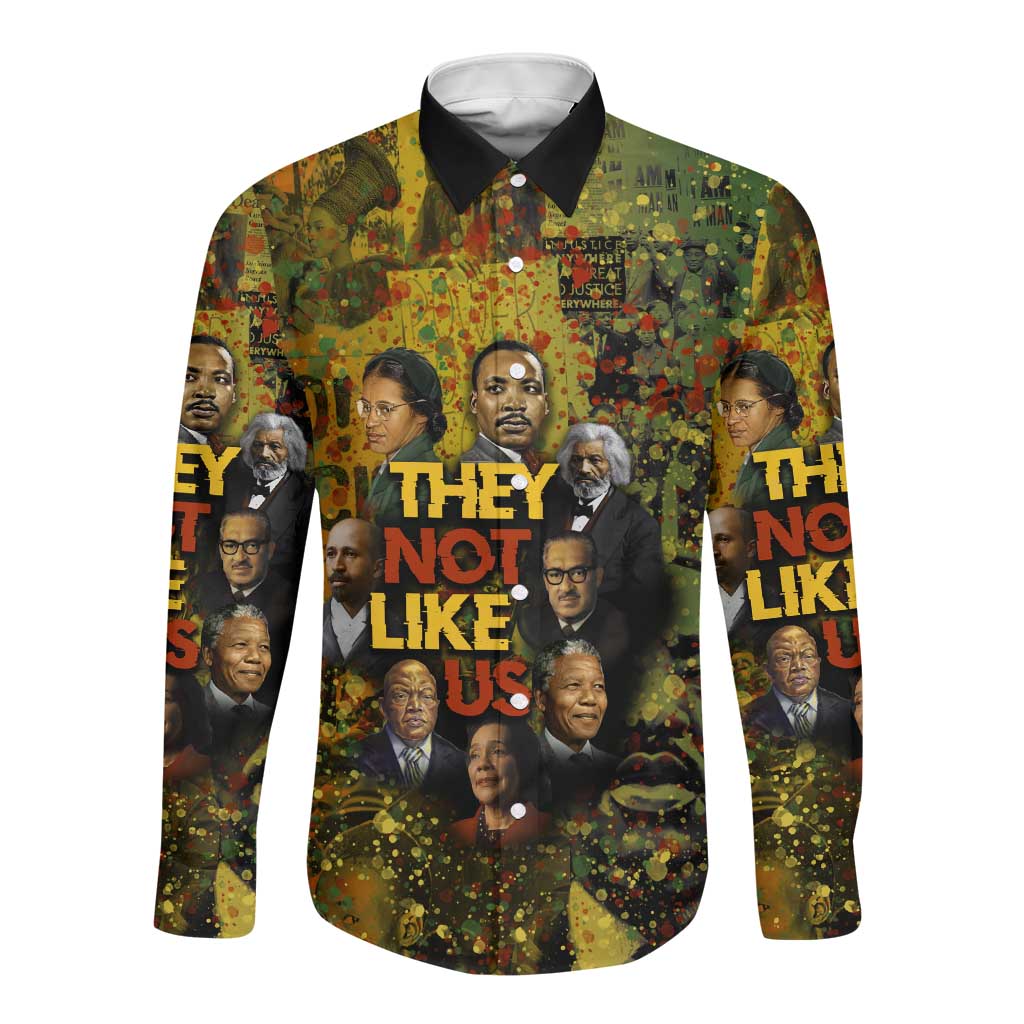 Black History Portrait Collage Long Sleeve Button Shirt Africa Empowering They Not Like Us Quote in Grunge Paint - Wonder Print Shop