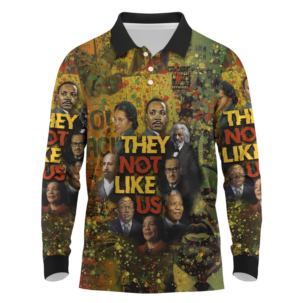 Black History Portrait Collage Long Sleeve Polo Shirt Africa Empowering They Not Like Us Quote in Grunge Paint - Wonder Print Shop