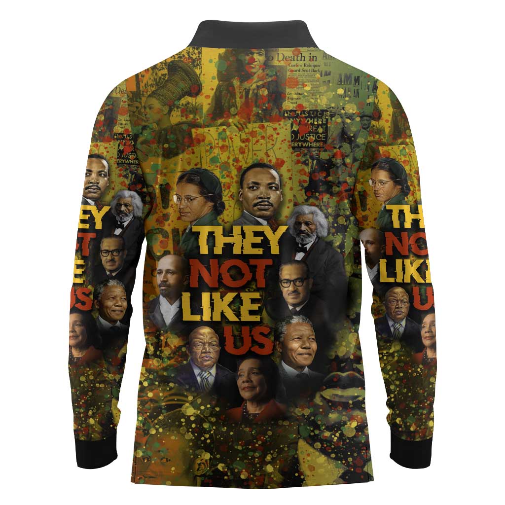 Black History Portrait Collage Long Sleeve Polo Shirt Africa Empowering They Not Like Us Quote in Grunge Paint - Wonder Print Shop