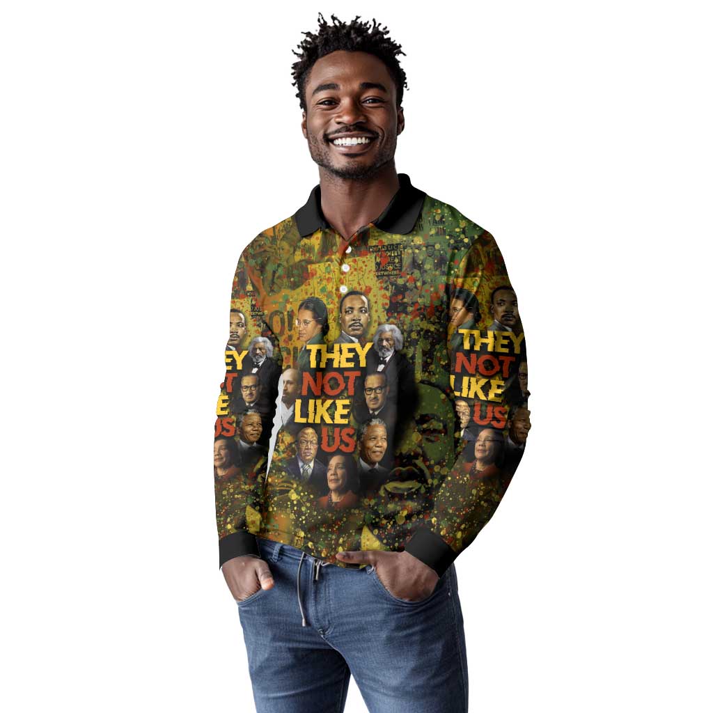 Black History Portrait Collage Long Sleeve Polo Shirt Africa Empowering They Not Like Us Quote in Grunge Paint - Wonder Print Shop