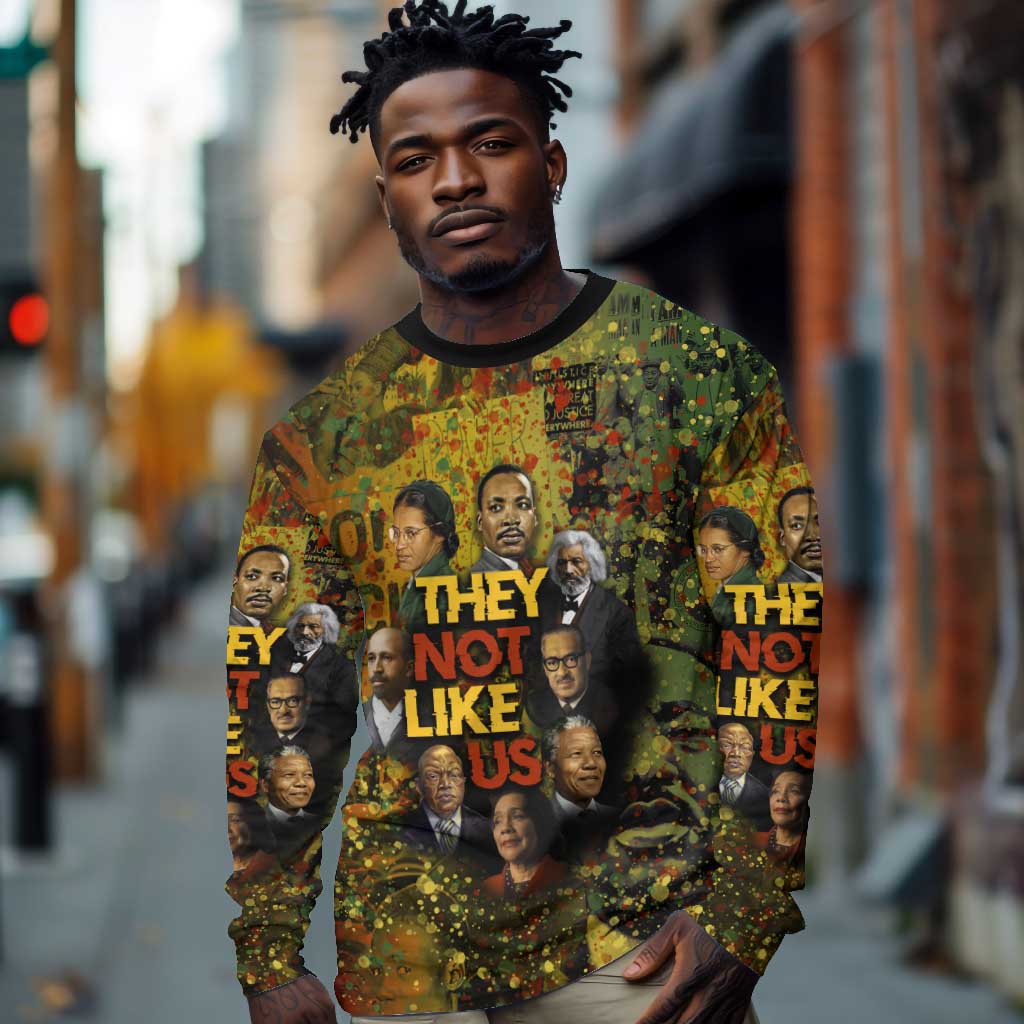 Black History Portrait Collage Long Sleeve Shirt Africa Empowering They Not Like Us Quote in Grunge Paint - Wonder Print Shop