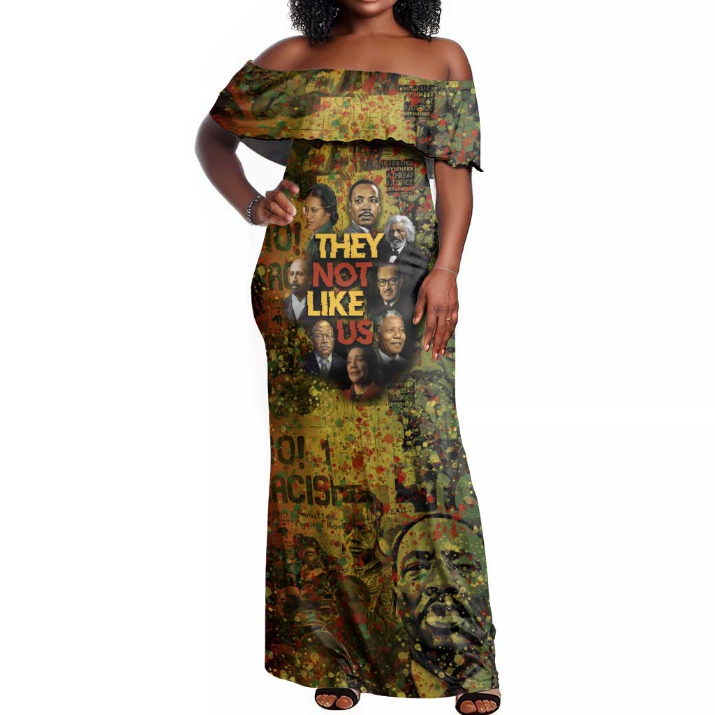 Black History Portrait Collage Off Shoulder Maxi Dress Africa Empowering They Not Like Us Quote in Grunge Paint - Wonder Print Shop