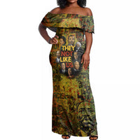 Black History Portrait Collage Off Shoulder Maxi Dress Africa Empowering They Not Like Us Quote in Grunge Paint - Wonder Print Shop