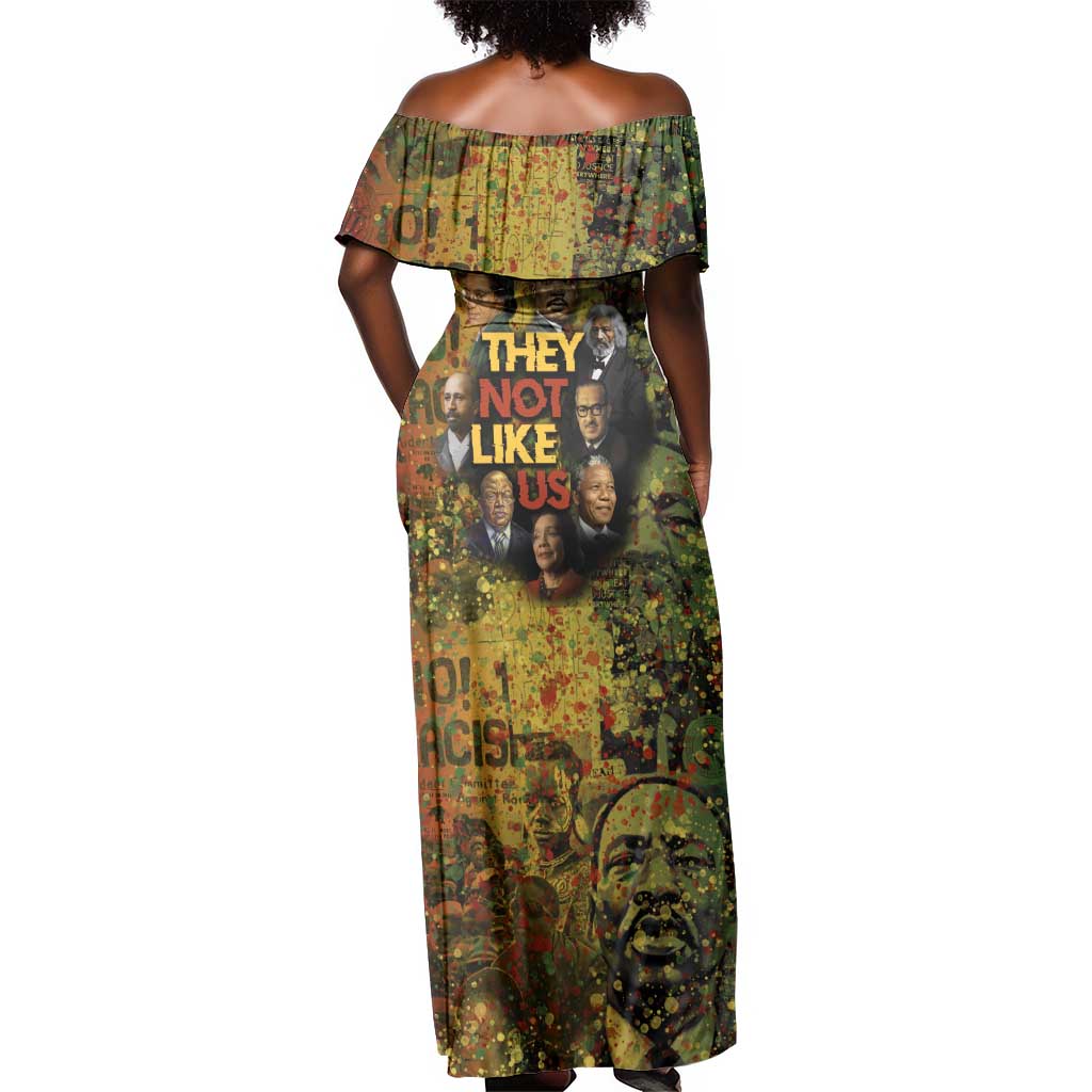 Black History Portrait Collage Off Shoulder Maxi Dress Africa Empowering They Not Like Us Quote in Grunge Paint - Wonder Print Shop