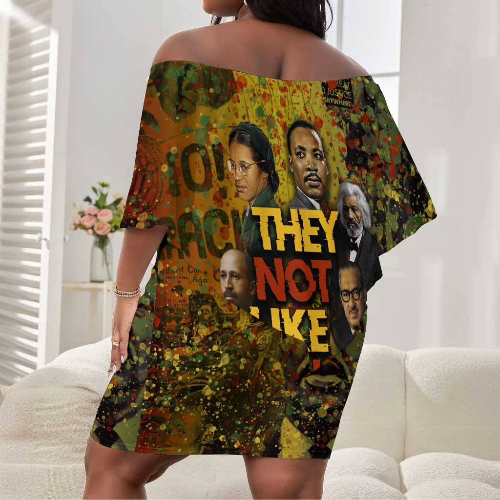 Black History Portrait Collage Off Shoulder Short Dress Africa Empowering They Not Like Us Quote in Grunge Paint - Wonder Print Shop