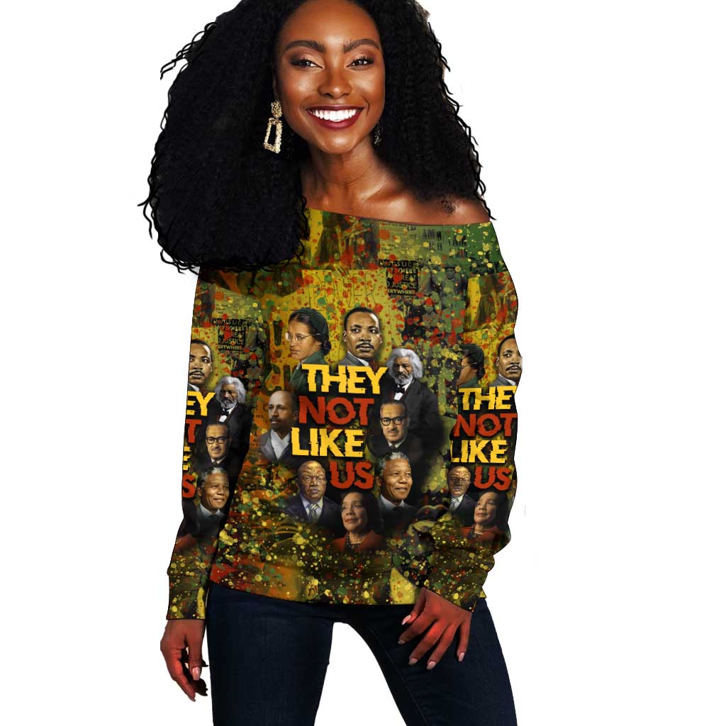 Black History Portrait Collage Off Shoulder Sweater Africa Empowering They Not Like Us Quote in Grunge Paint - Wonder Print Shop