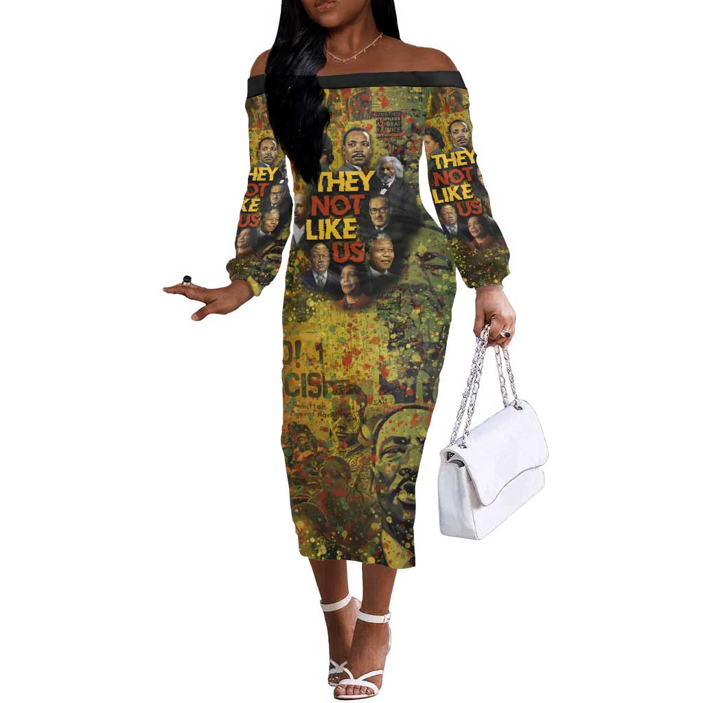 Black History Portrait Collage Off The Shoulder Long Sleeve Dress Africa Empowering They Not Like Us Quote in Grunge Paint - Wonder Print Shop