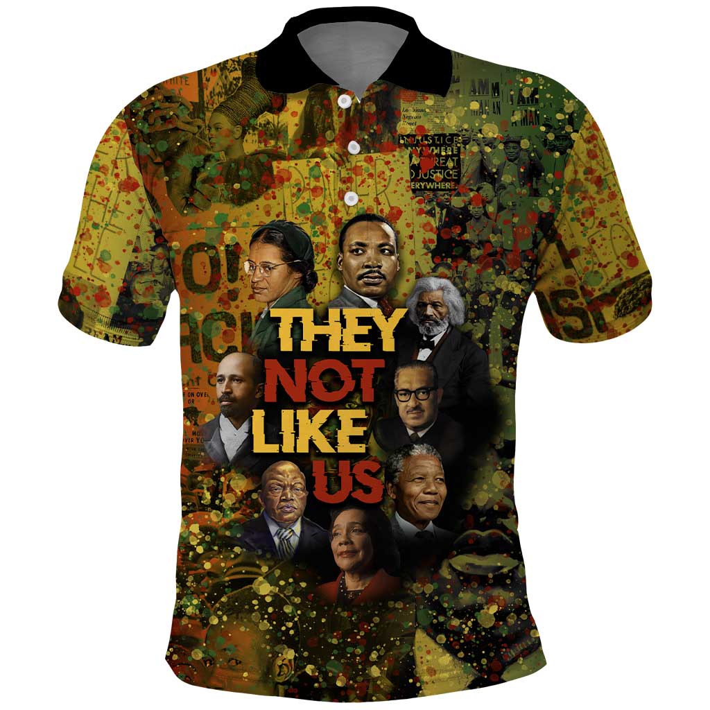 Black History Portrait Collage Polo Shirt Africa Empowering They Not Like Us Quote in Grunge Paint - Wonder Print Shop