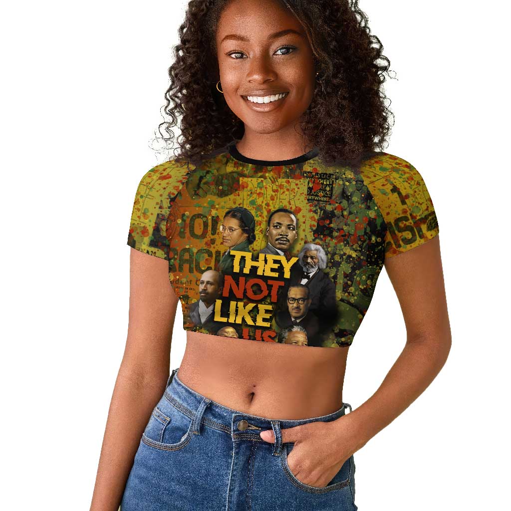 Black History Portrait Collage Raglan Cropped T shirt Africa Empowering They Not Like Us Quote in Grunge Paint - Wonder Print Shop