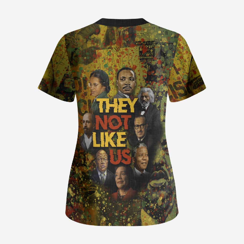 Black History Portrait Collage Scrub Top Africa Empowering They Not Like Us Quote in Grunge Paint - Wonder Print Shop
