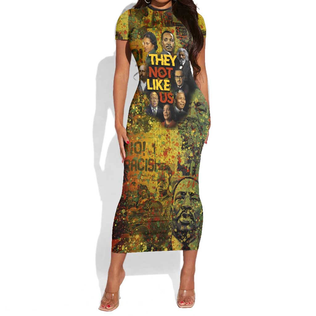 Black History Portrait Collage Short Sleeve Bodycon Dress Africa Empowering They Not Like Us Quote in Grunge Paint - Wonder Print Shop