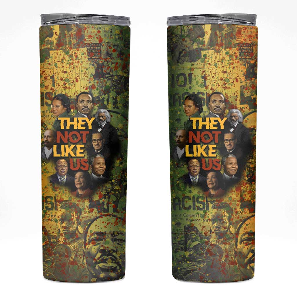 Black History Portrait Collage Skinny Tumbler Africa Empowering They Not Like Us Quote in Grunge Paint - Wonder Print Shop