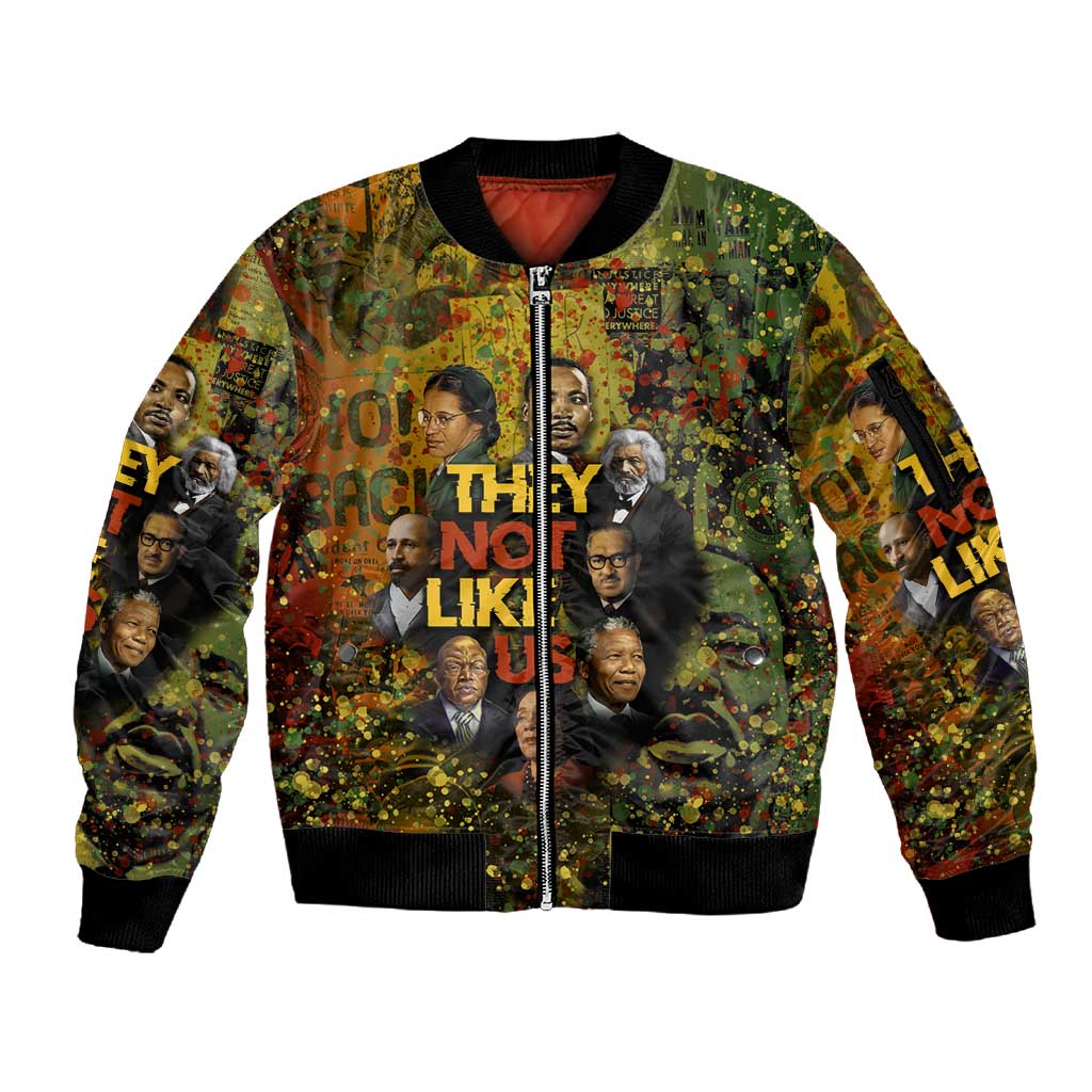 Black History Portrait Collage Sleeve Zip Bomber Jacket Africa Empowering They Not Like Us Quote in Grunge Paint - Wonder Print Shop