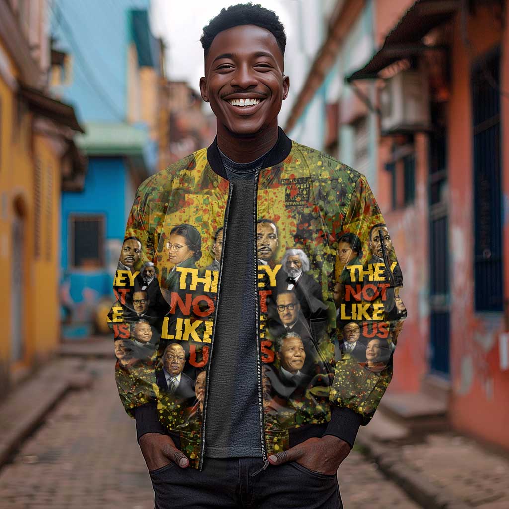 Black History Portrait Collage Sleeve Zip Bomber Jacket Africa Empowering They Not Like Us Quote in Grunge Paint - Wonder Print Shop