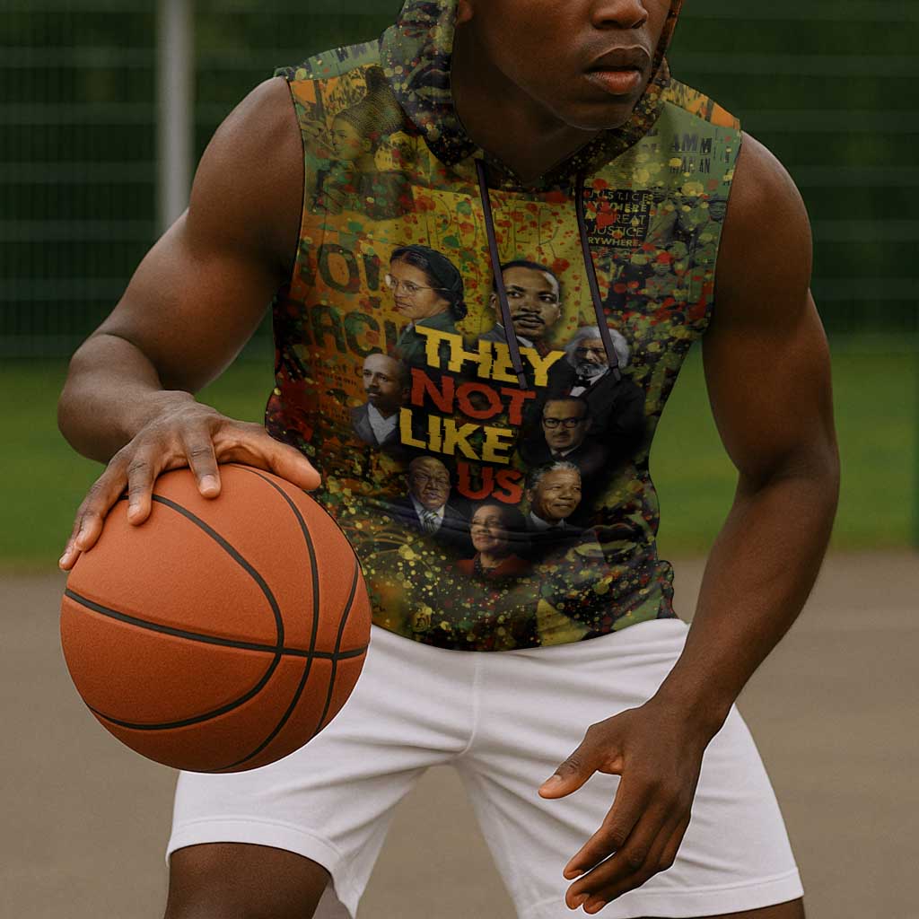 Black History Portrait Collage Sleeveless Hoodie Africa Empowering They Not Like Us Quote in Grunge Paint - Wonder Print Shop