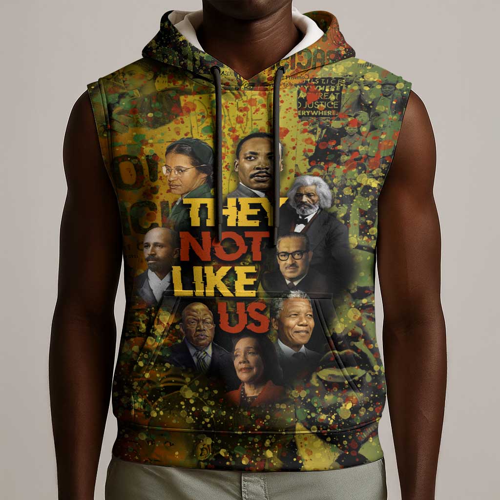 Black History Portrait Collage Sleeveless Hoodie Africa Empowering They Not Like Us Quote in Grunge Paint - Wonder Print Shop